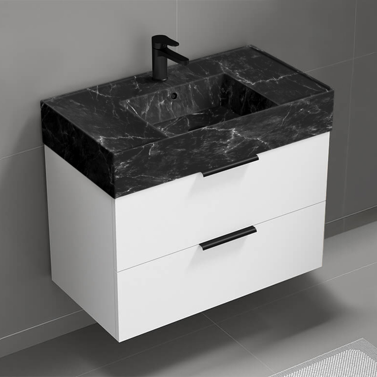 Nameeks DERIN874 32 Inch Bathroom Vanity With Black Marble Design Sink, Modern, Wall Mount, Glossy White